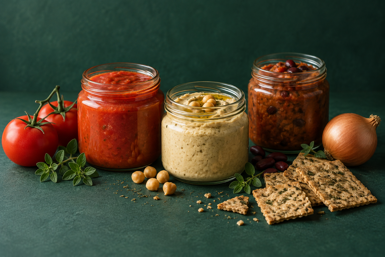 Sauces, houmous et crackers artisanaux