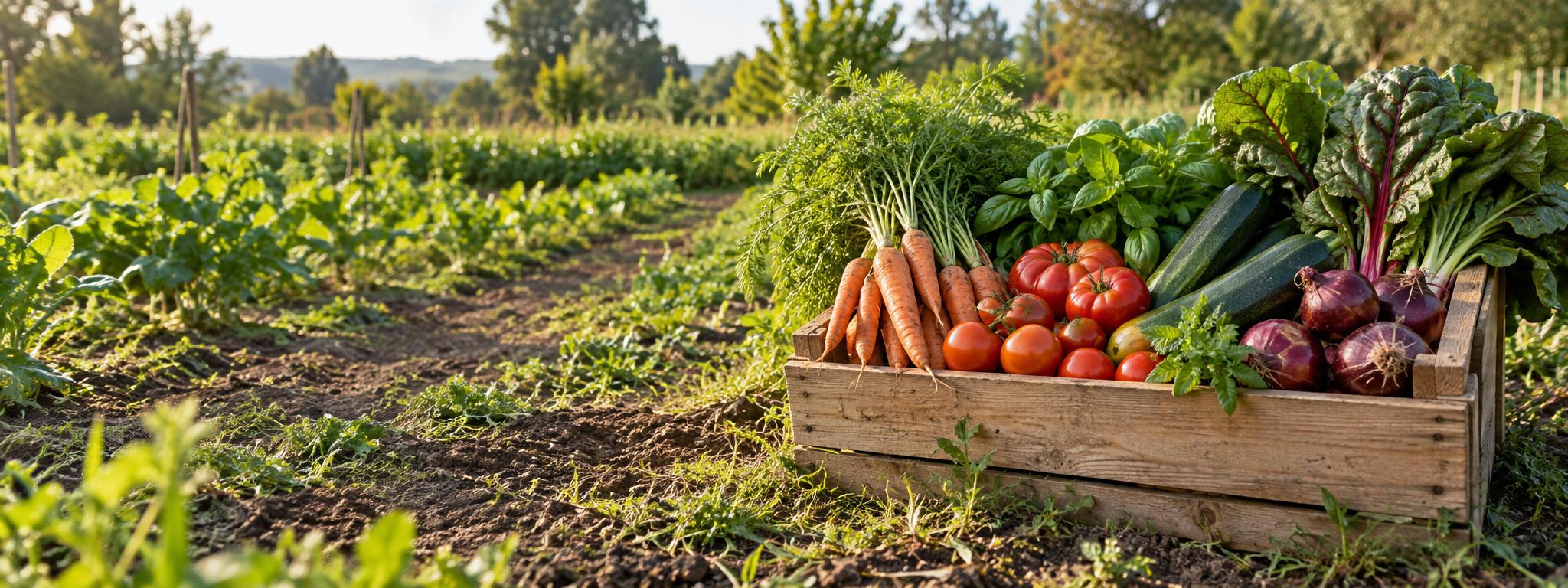 Cagette de légumes de saison fraîchement récoltés dans les jardins